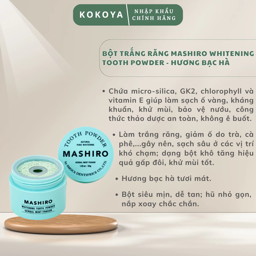 Bột làm trắng răng Mashiro Whitening Tooth Powder hỗ trợ làm trắng răng, răng ố vàng, răng xỉn màu Nhật Bản 30g 8 vn 11134207 820l4